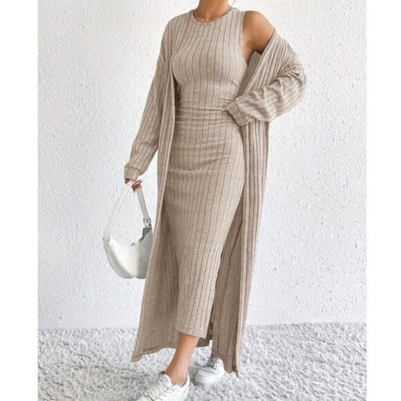 Classic Solid Fitted Tank Dress Cardigan Set - Picture 1 of 4